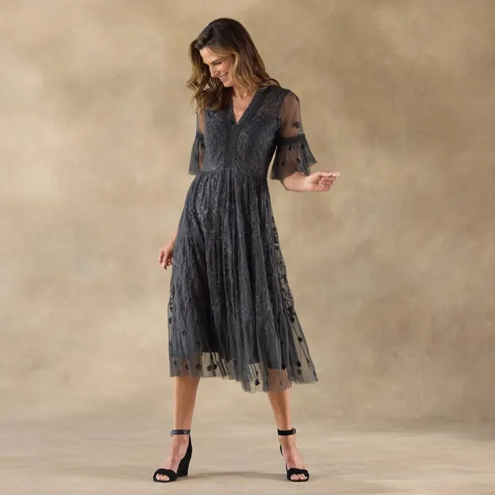 Women Claudine Mesh Dress Petite Asphalt Sundance Catalog Dresses and Jumpsuits