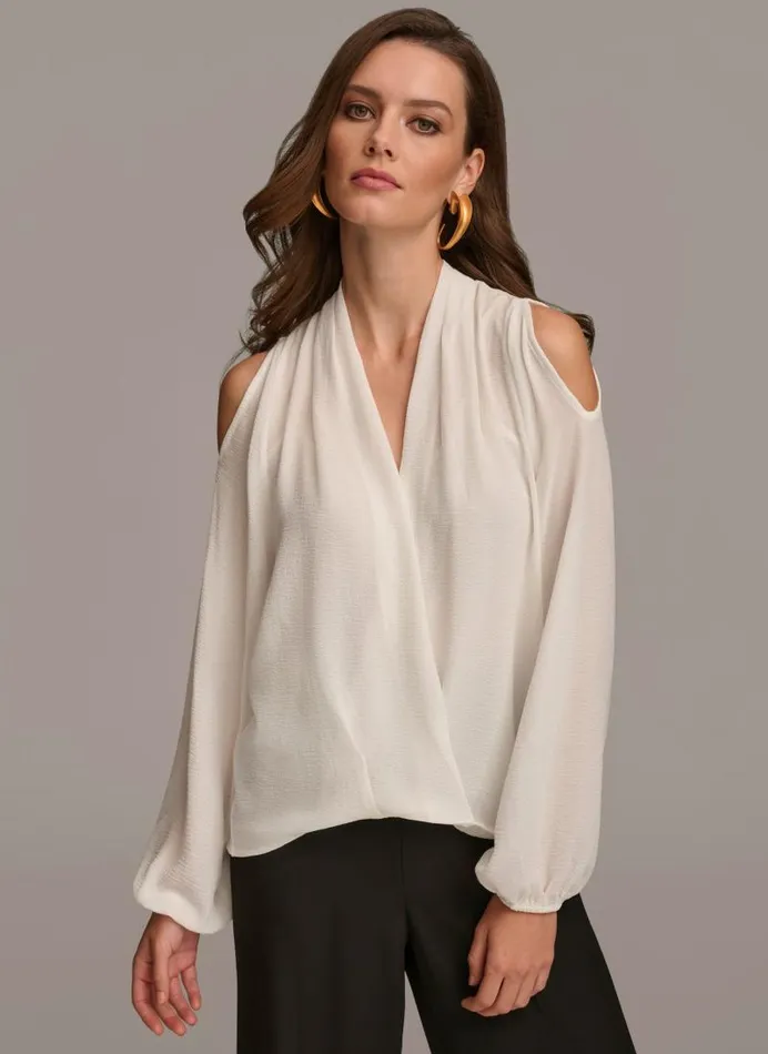 Women COLD SHOULDER BLOUSE Cream Donna Karan New York Sweaters And Tops