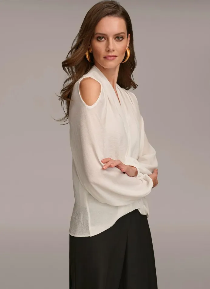 Women COLD SHOULDER BLOUSE Cream Donna Karan New York Sweaters And Tops