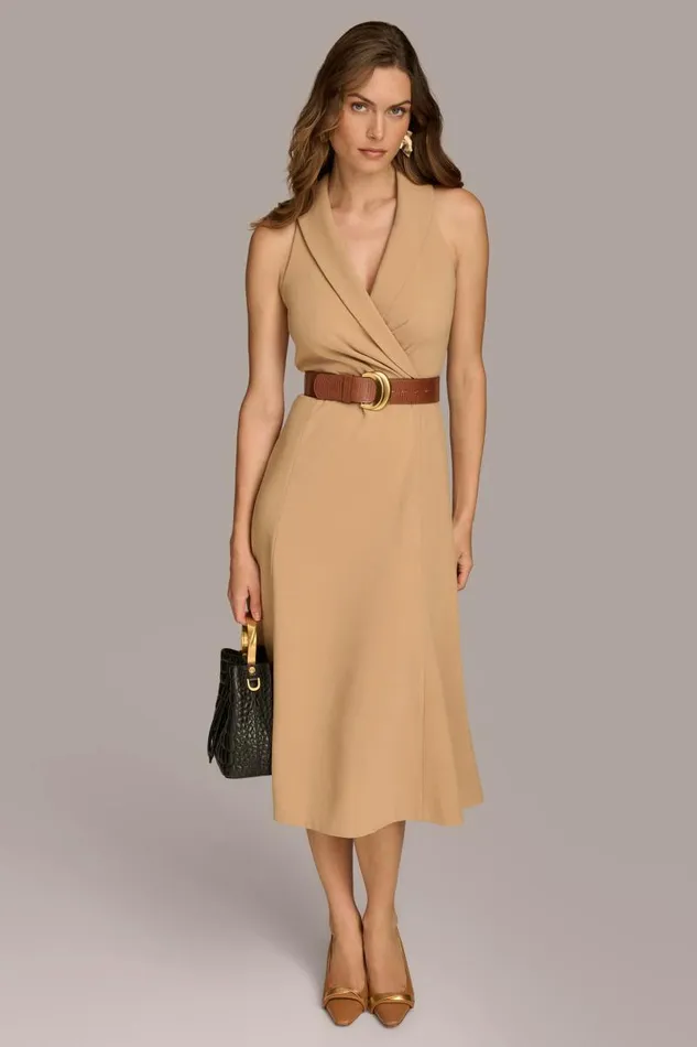 Women CREPE FIT AND FLARE DRESS WITH BELT Fawn Donna Karan New York Dresses And Jumpsuits