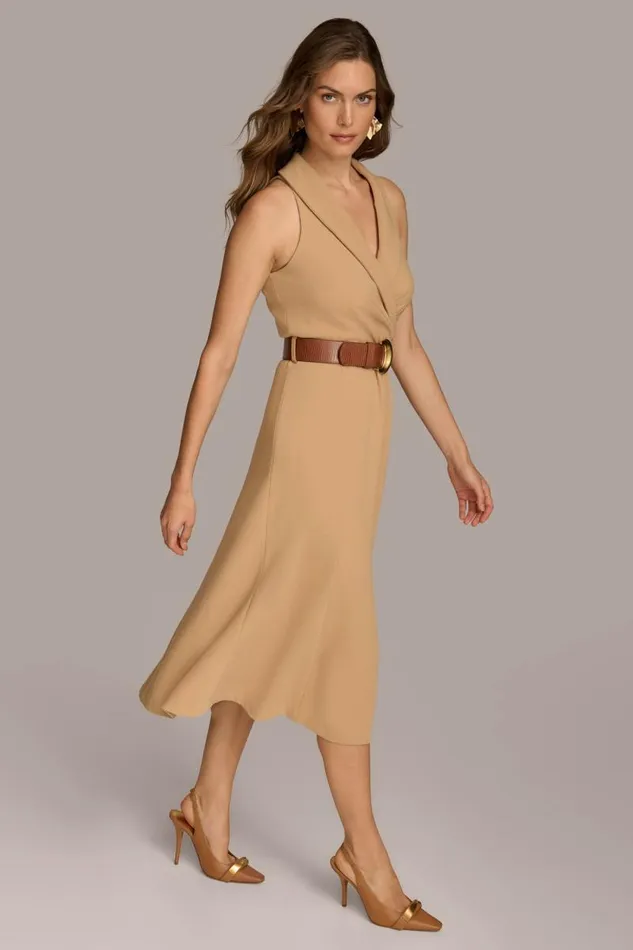 Women CREPE FIT AND FLARE DRESS WITH BELT Fawn Donna Karan New York Dresses And Jumpsuits