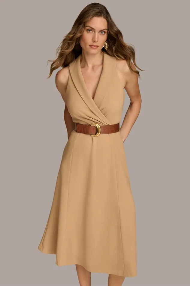Women CREPE FIT AND FLARE DRESS WITH BELT Fawn Donna Karan New York Dresses And Jumpsuits