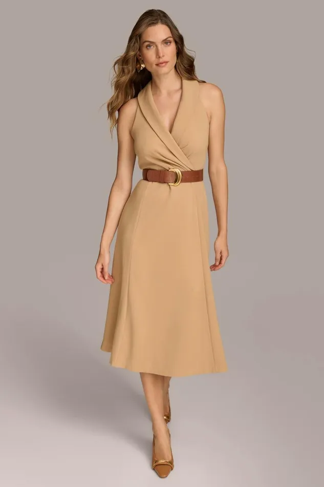 Women CREPE FIT AND FLARE DRESS WITH BELT Fawn Donna Karan New York Dresses And Jumpsuits