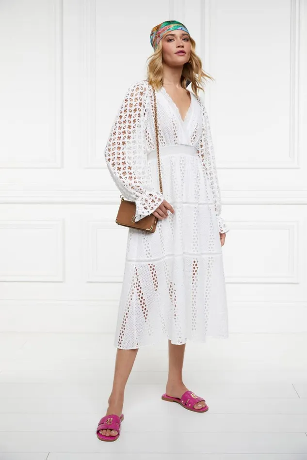 Women Dresses Holland Cooper Broderie Lace VNeck Midi Dress White