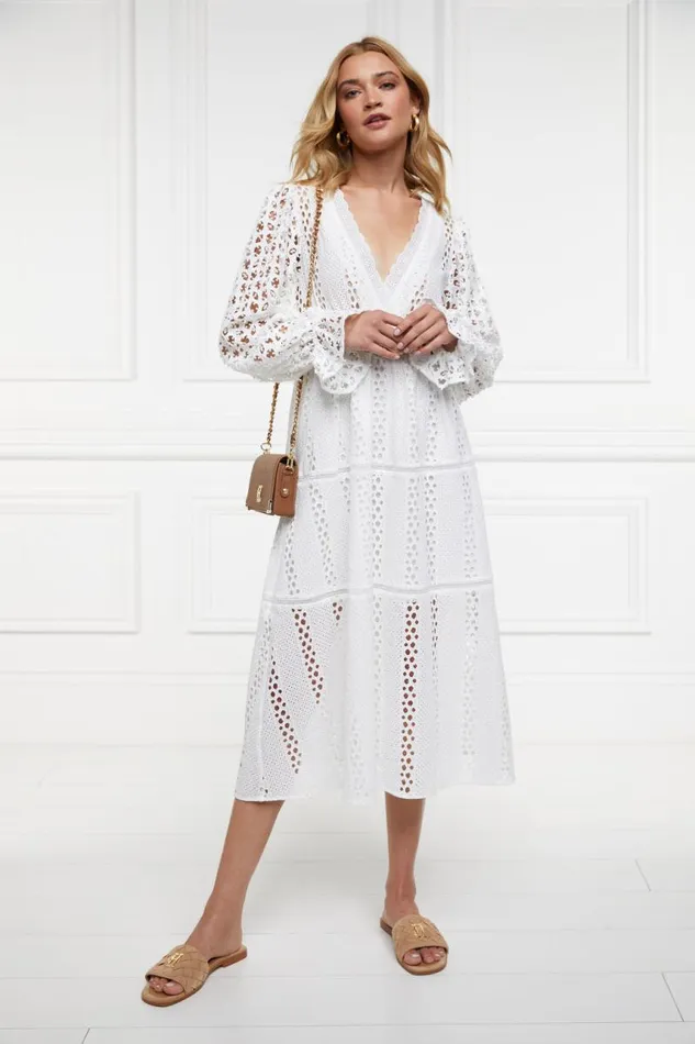 Women Dresses Holland Cooper Broderie Lace VNeck Midi Dress White Women Dresses Holland Cooper Broderie Lace VNeck Midi Dress White