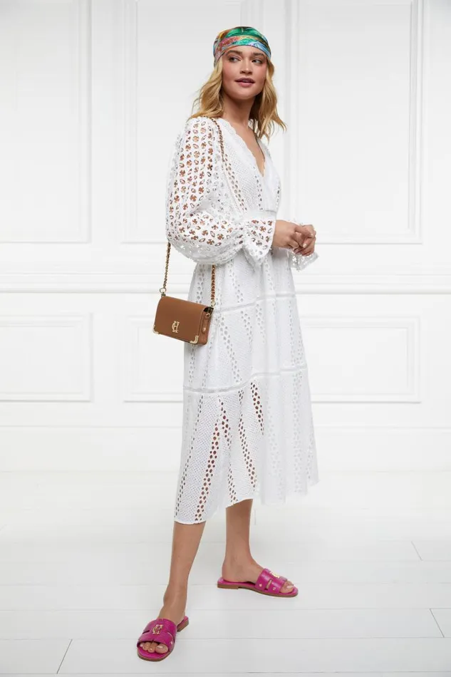 Women Dresses Holland Cooper Broderie Lace VNeck Midi Dress White Women Dresses Holland Cooper Broderie Lace VNeck Midi Dress White