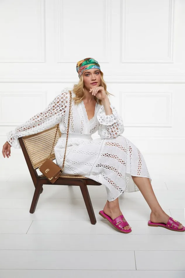Women Dresses Holland Cooper Broderie Lace VNeck Midi Dress White Women Dresses Holland Cooper Broderie Lace VNeck Midi Dress White