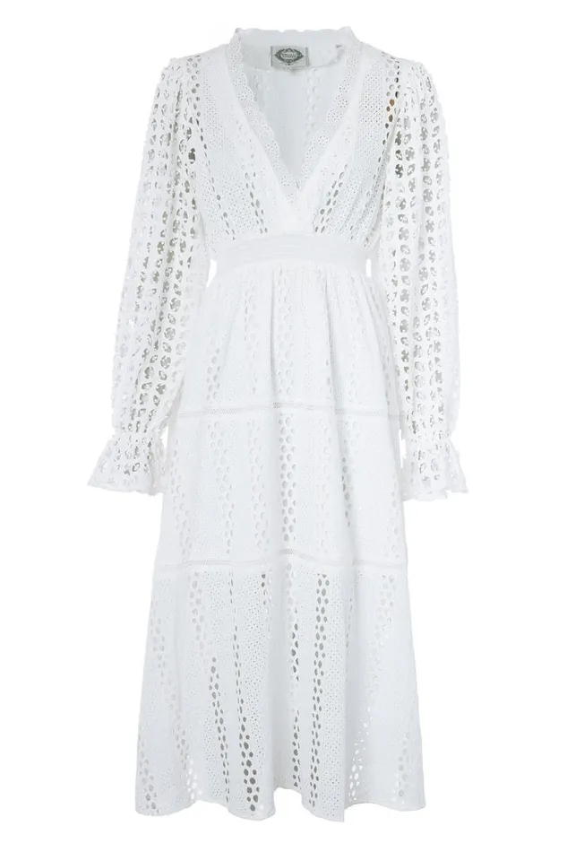 Women Dresses Holland Cooper Broderie Lace VNeck Midi Dress White Women Dresses Holland Cooper Broderie Lace VNeck Midi Dress White