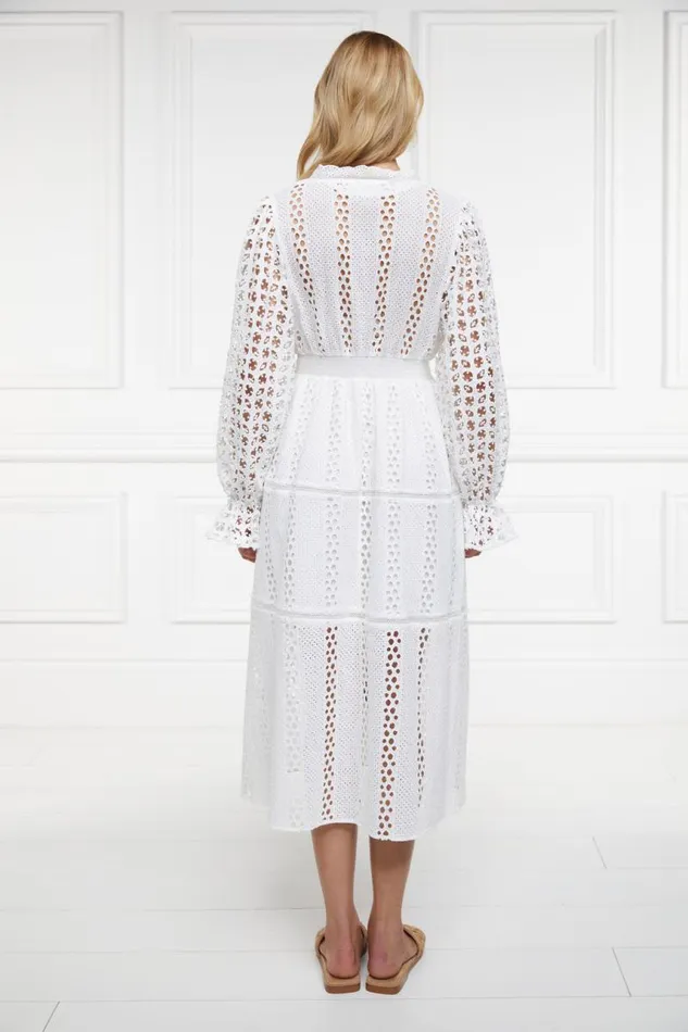 Women Dresses Holland Cooper Broderie Lace VNeck Midi Dress White Women Dresses Holland Cooper Broderie Lace VNeck Midi Dress White