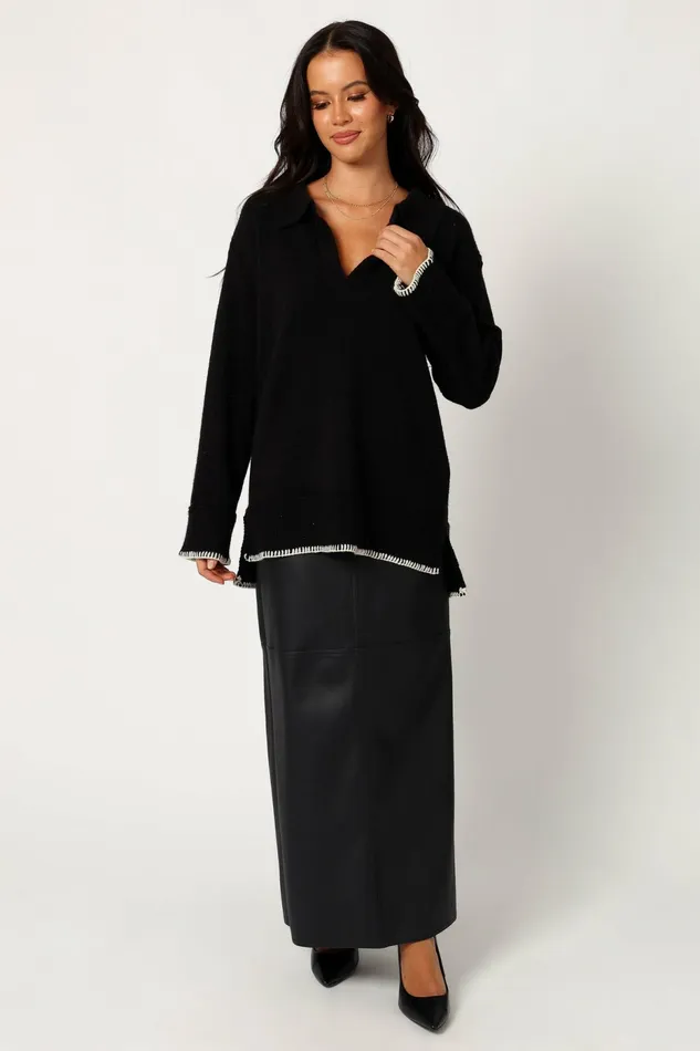 Women Elise Contrast Hem Knit Sweater Black Sweaters Petal and Pup