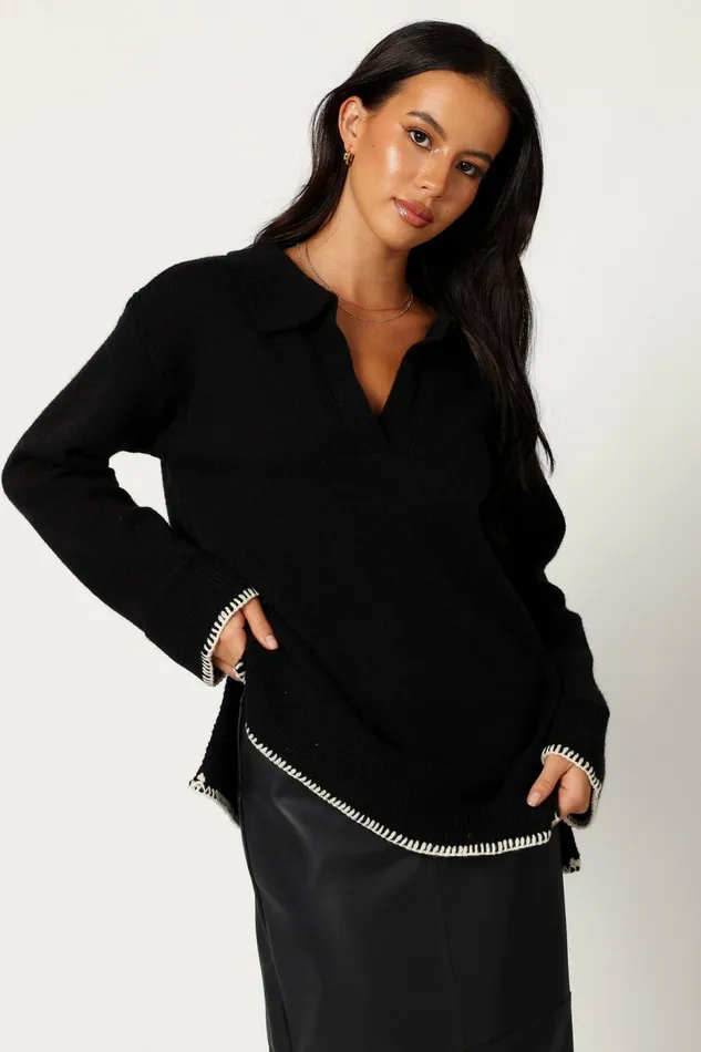 Women Elise Contrast Hem Knit Sweater Black Sweaters Petal and Pup