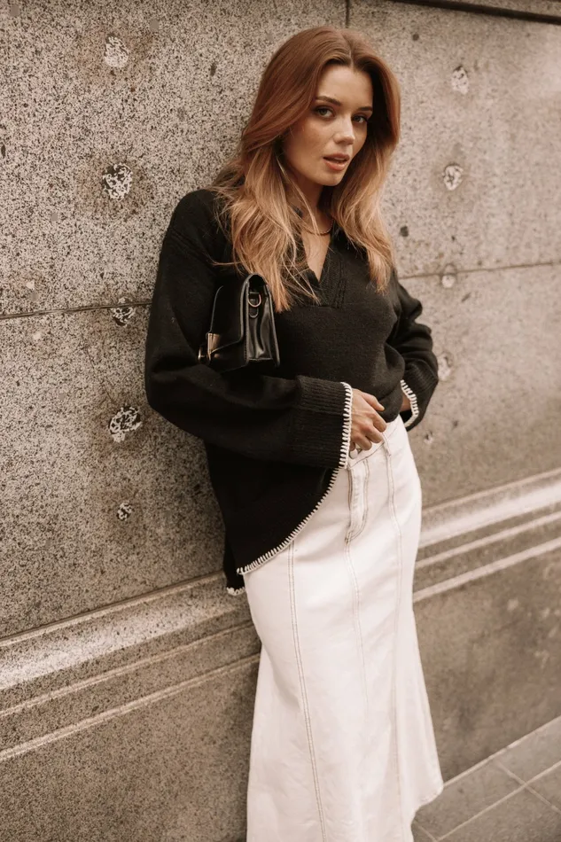 Women Elise Contrast Hem Knit Sweater Black Sweaters Petal and Pup