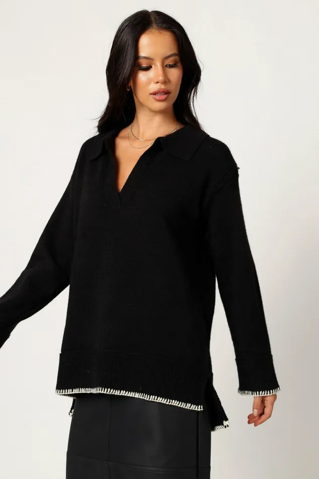 Women Elise Contrast Hem Knit Sweater Black Sweaters Petal and Pup