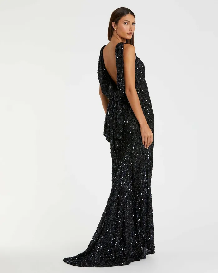 Women Evening Gowns Mac Duggal Blue Cowl Back Boat Neck Sequined Evening Gown Midnight