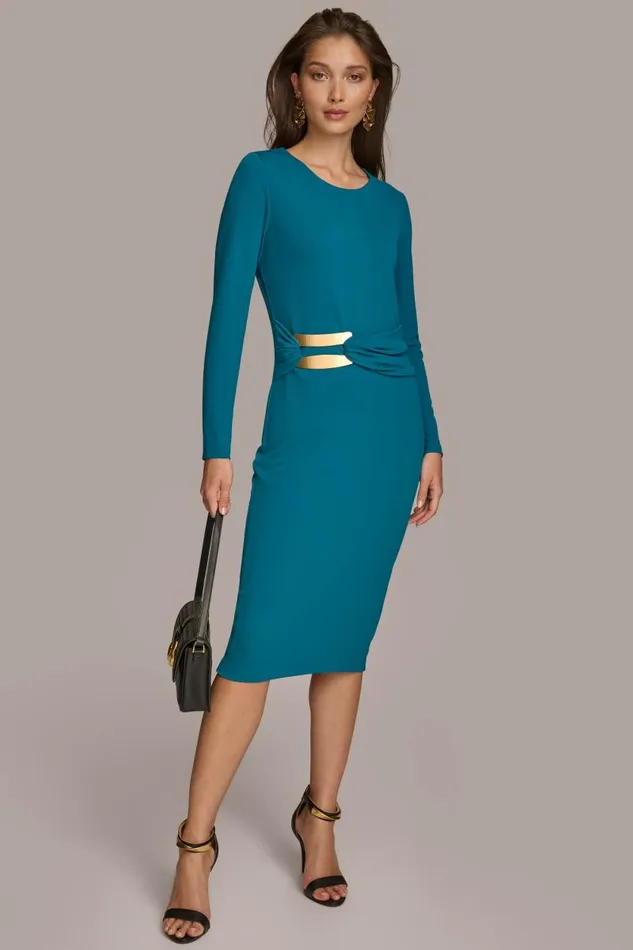 Women FITTED MIDI DRESS WITH BRUSHED HARDWARE DETAIL Empire Teal Donna Karan New York Dresses And Jumpsuits Women FITTED MIDI DRESS WITH BRUSHED HARDWARE DETAIL Empire Teal Donna Karan New York Dresses And Jumpsuits