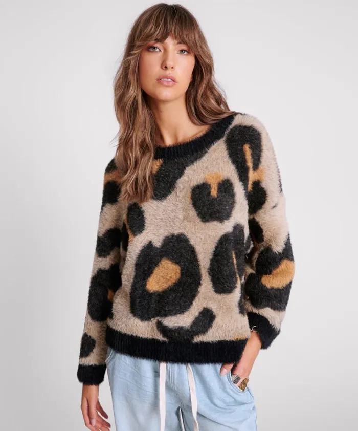 Women FLUFFY LEOPARD BATWING SWEATER One Teaspoon Knitwear