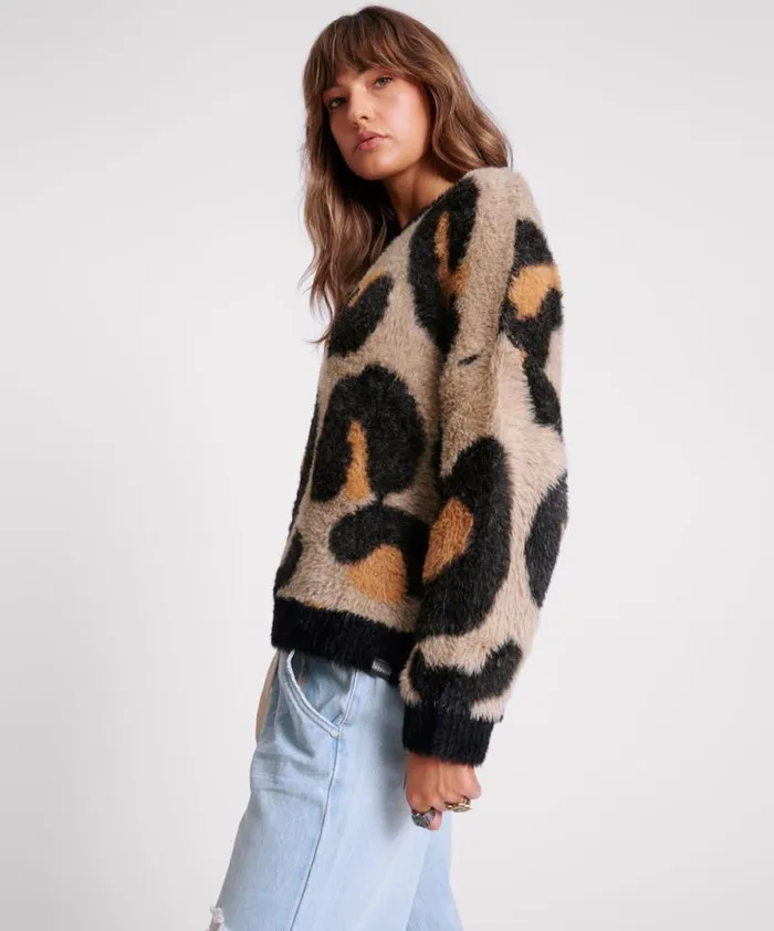 Women FLUFFY LEOPARD BATWING SWEATER One Teaspoon Knitwear