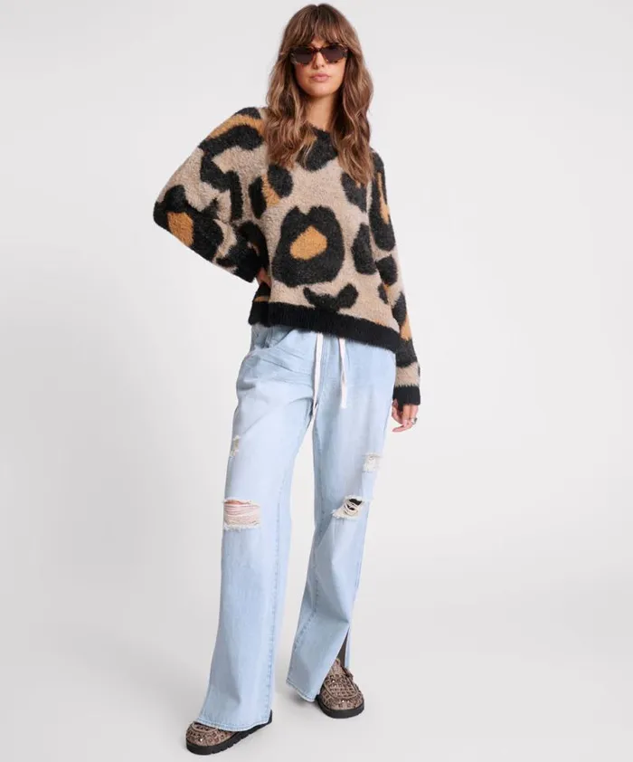 Women FLUFFY LEOPARD BATWING SWEATER One Teaspoon Knitwear