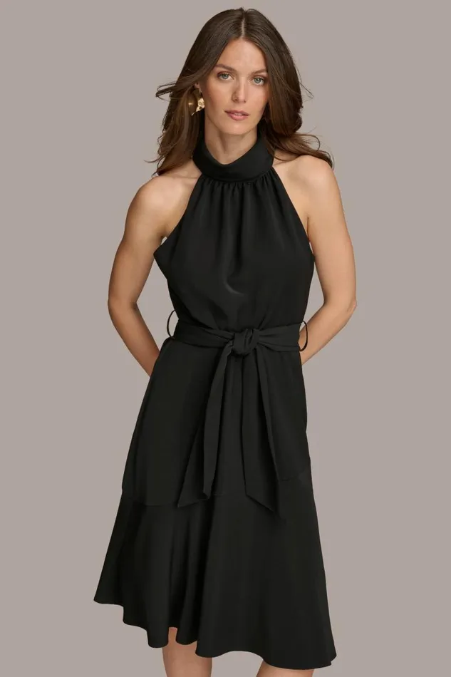 Women HALTER NECK A LINE DRESS WITH BELT Black Donna Karan New York Dresses And Jumpsuits