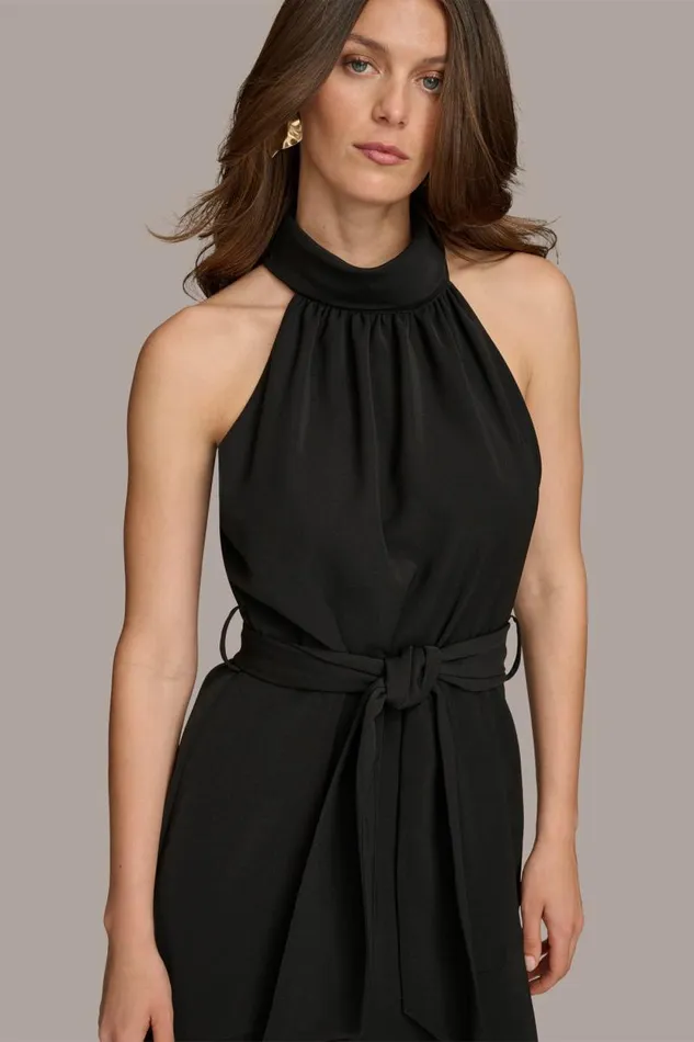 Women HALTER NECK A LINE DRESS WITH BELT Black Donna Karan New York Dresses And Jumpsuits