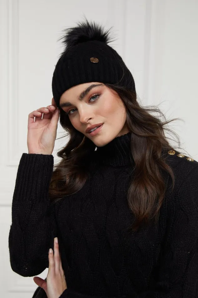 Women Hats and Headbands Holland Cooper Rib Bobble Hat Black