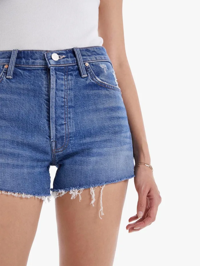 Women High Rise Mother Denim The Tomcat Kick Fray Short Medium Blue