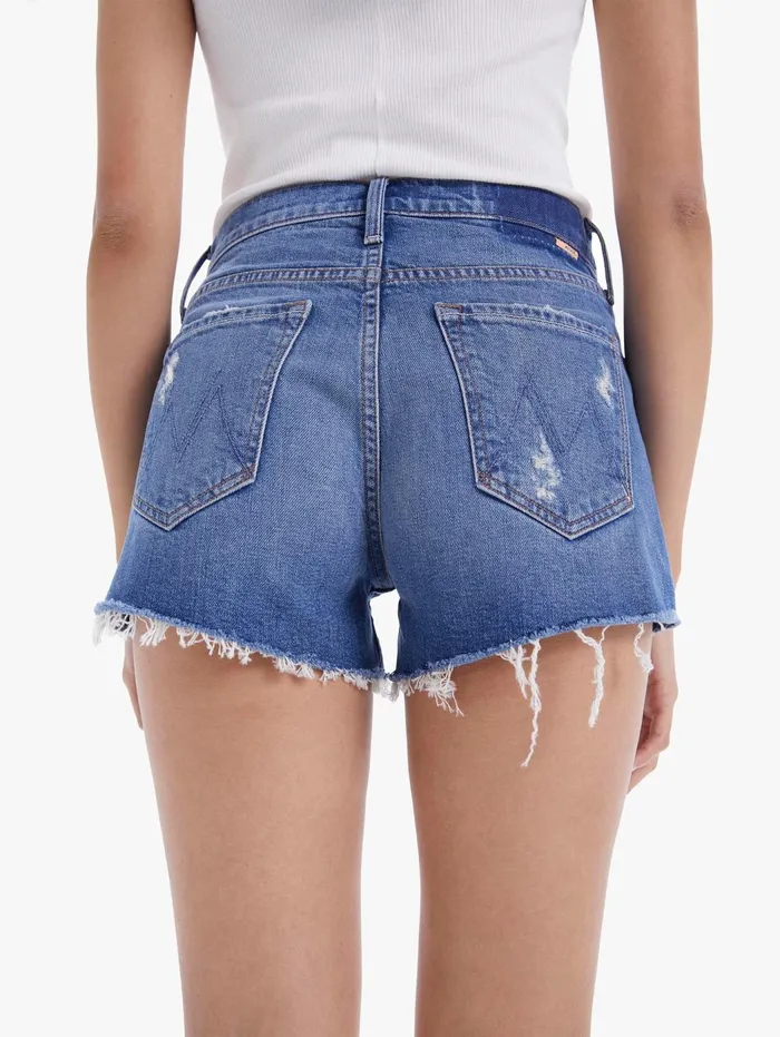 Women High Rise Mother Denim The Tomcat Kick Fray Short Medium Blue