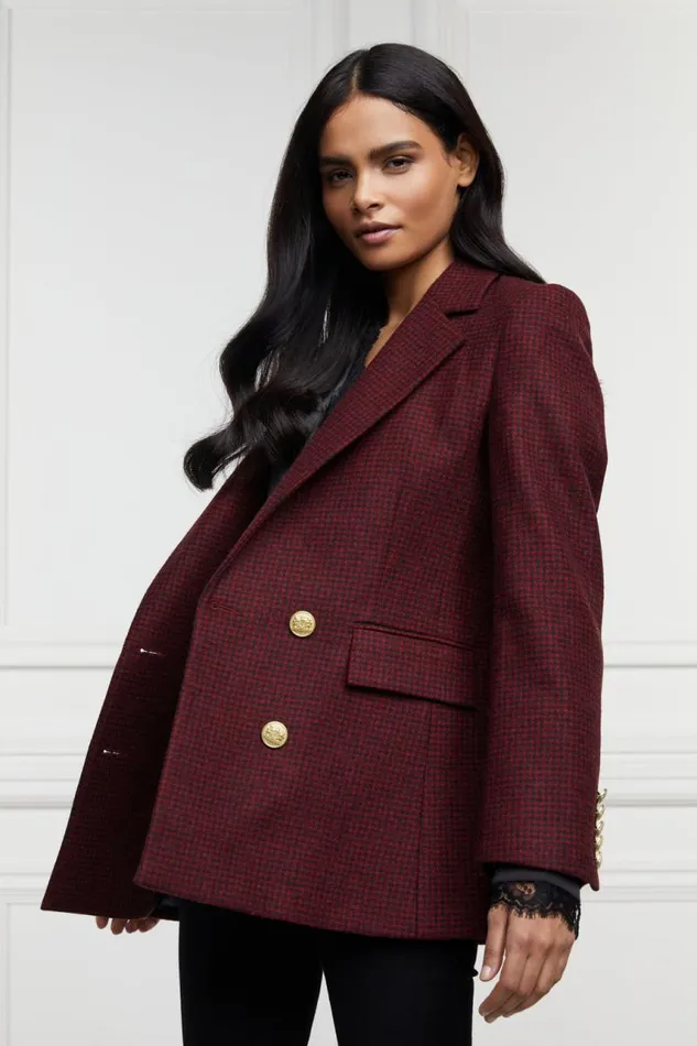 Women In Stock Tailoring Holland Cooper Double Breasted Blazer Deep Red Houndstooth