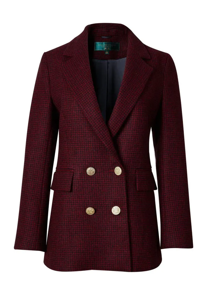 Women In Stock Tailoring Holland Cooper Double Breasted Blazer Deep Red Houndstooth