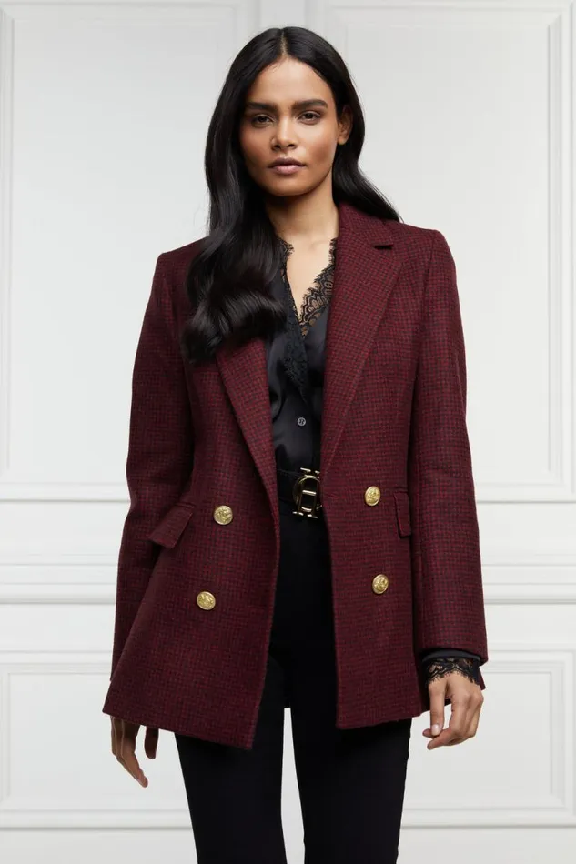 Women In Stock Tailoring Holland Cooper Double Breasted Blazer Deep Red Houndstooth