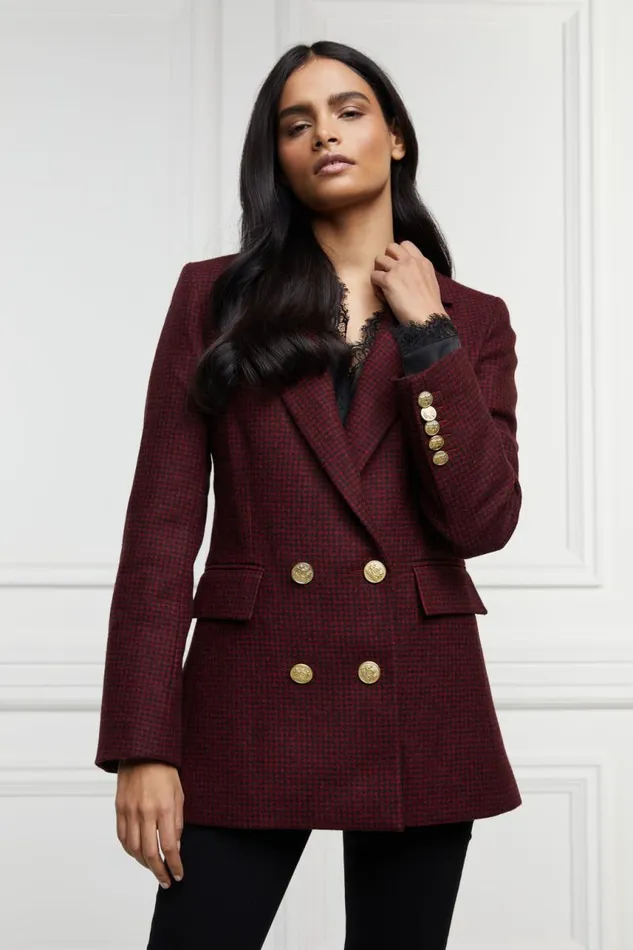 Women In Stock Tailoring Holland Cooper Double Breasted Blazer Deep Red Houndstooth