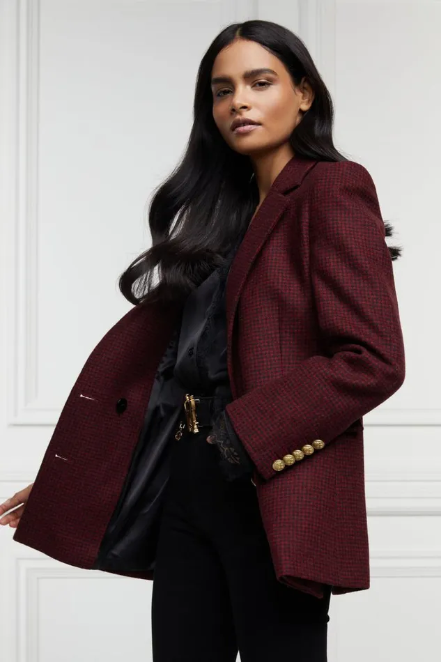 Women In Stock Tailoring Holland Cooper Double Breasted Blazer Deep Red Houndstooth