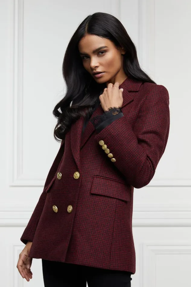 Women In Stock Tailoring Holland Cooper Double Breasted Blazer Deep Red Houndstooth