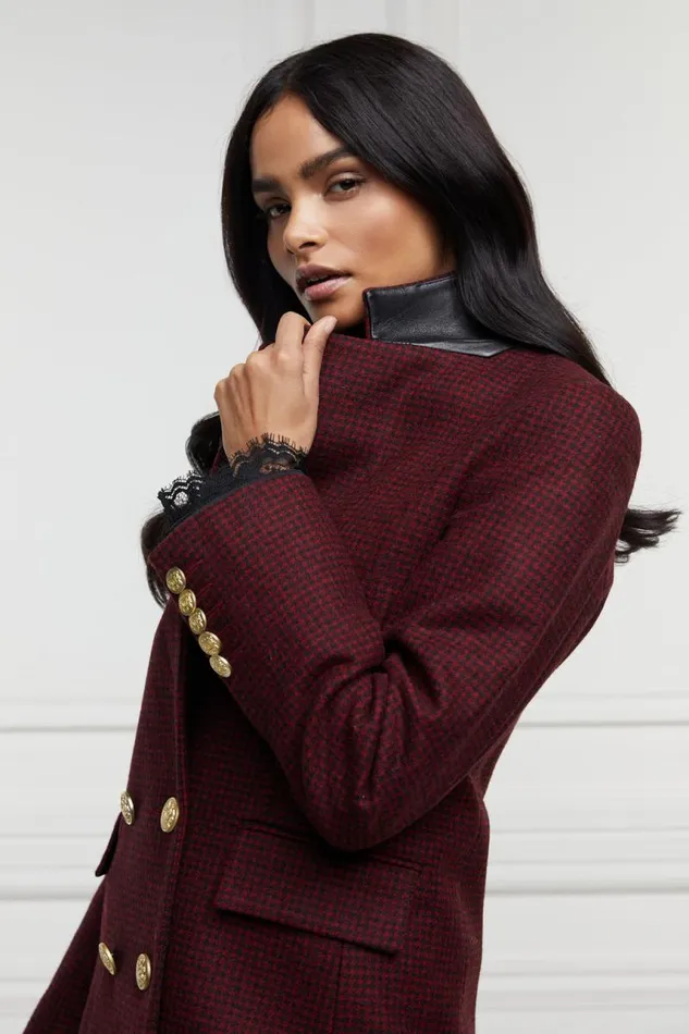 Women In Stock Tailoring Holland Cooper Double Breasted Blazer Deep Red Houndstooth