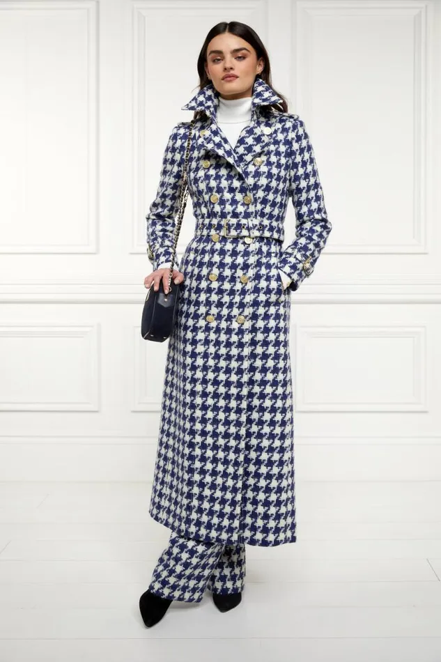Women In Stock Tailoring Holland Cooper Full Length Marlborough Trench Coat Large Scale Navy Houndstooth