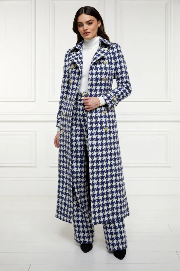Women In Stock Tailoring Holland Cooper Full Length Marlborough Trench Coat Large Scale Navy Houndstooth