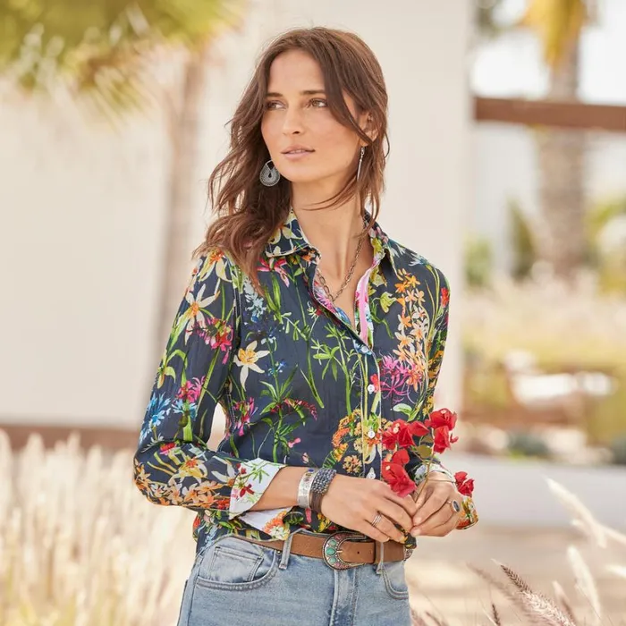 Women Island Florals Shirt Petite Washed Indigo Sundance Catalog Petite Styles