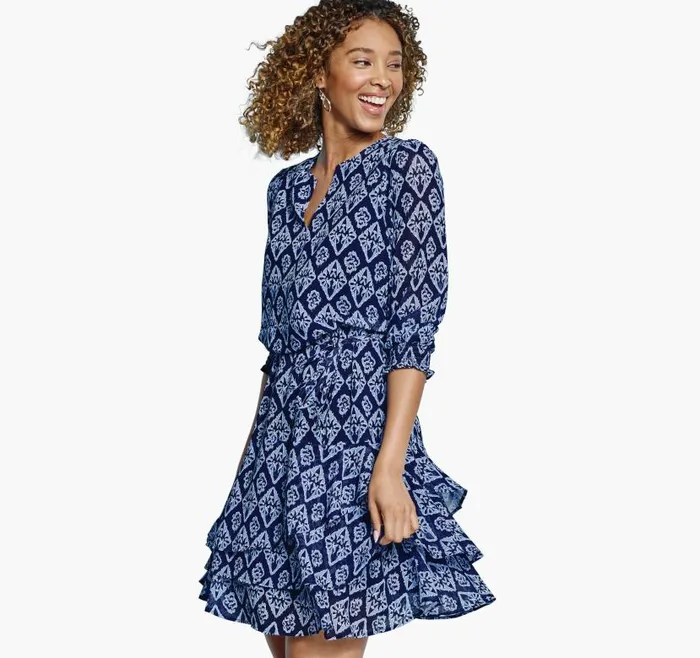 Women Johnston and Murphy Dresses and Jumpsuits Tiered VNeck Print Dress Navy Ikat