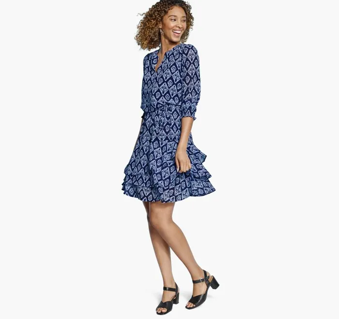Women Johnston and Murphy Dresses and Jumpsuits Tiered VNeck Print Dress Navy Ikat Women Johnston and Murphy Dresses and Jumpsuits Tiered VNeck Print Dress Navy Ikat