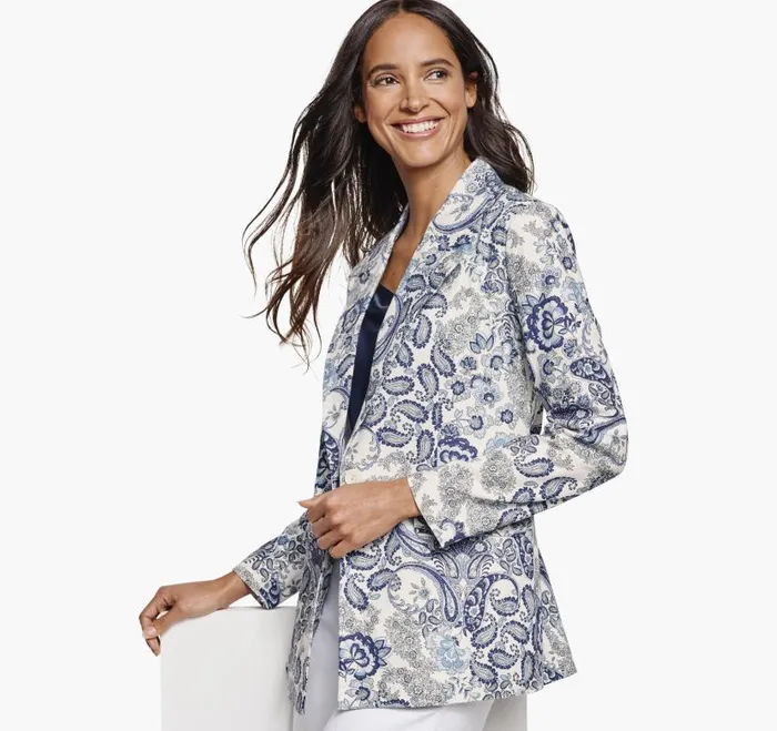 Women Johnston and Murphy Shirts Sweaters and Blazers Paisley Printed LinenBlend Blazer Whitenavy