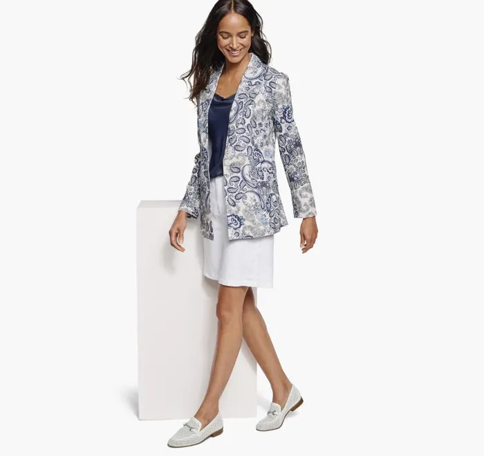 Women Johnston and Murphy Shirts Sweaters and Blazers Paisley Printed LinenBlend Blazer Whitenavy Women Johnston and Murphy Shirts Sweaters and Blazers Paisley Printed LinenBlend Blazer Whitenavy