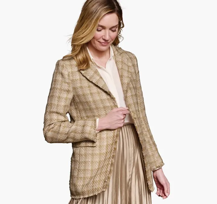 Women Johnston and Murphy Shirts Sweaters and Blazers Textured Plaid Blazer Tan