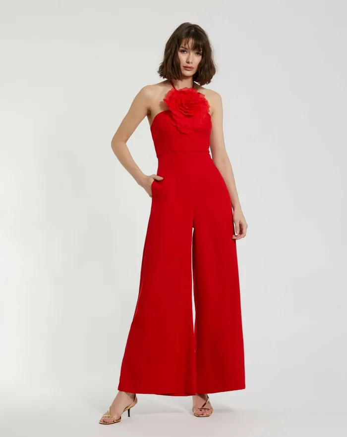Women Jumpsuits and Rompers Mac Duggal Crepe Halter Neck Jumpsuit With Flower Cherry Women Jumpsuits and Rompers Mac Duggal Crepe Halter Neck Jumpsuit With Flower Cherry
