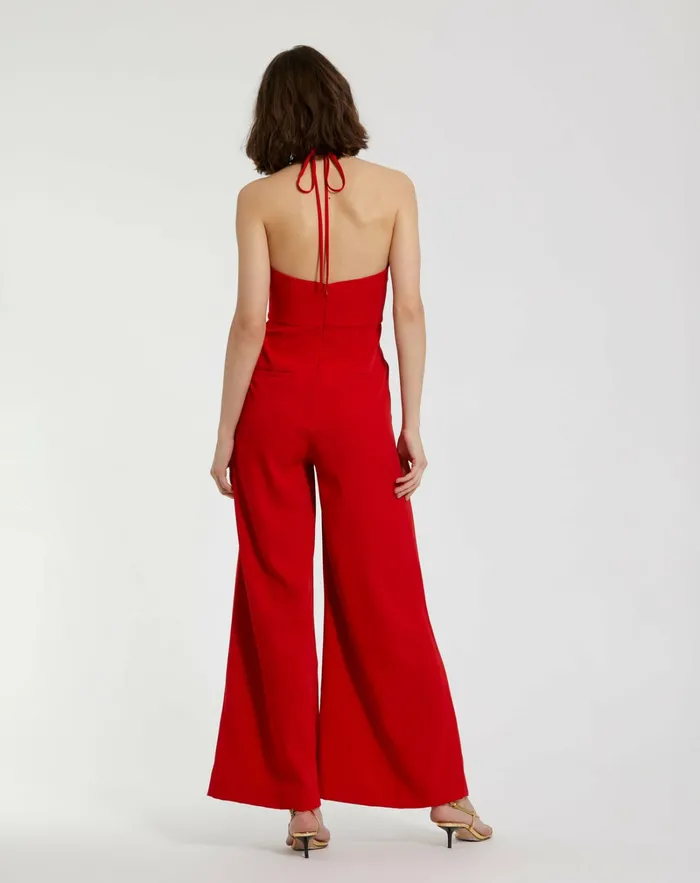 Women Jumpsuits and Rompers Mac Duggal Crepe Halter Neck Jumpsuit With Flower Cherry
