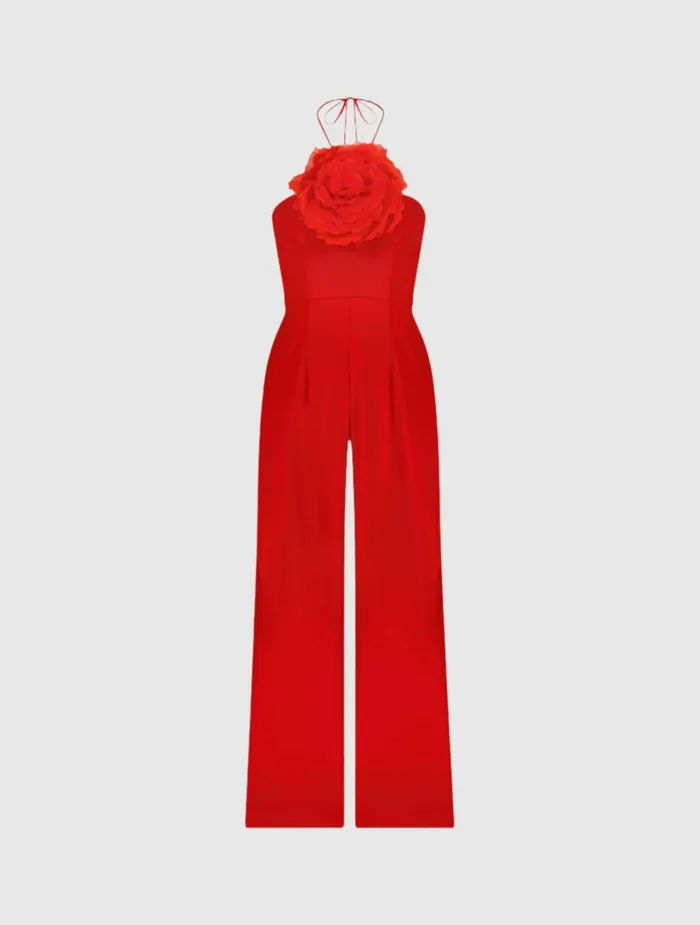 Women Jumpsuits and Rompers Mac Duggal Crepe Halter Neck Jumpsuit With Flower Cherry