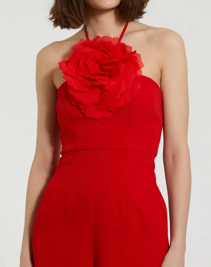Women Jumpsuits and Rompers Mac Duggal Crepe Halter Neck Jumpsuit With Flower Cherry