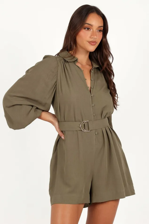 Women Jumpsuits and Rompers Petal and Pup Louise Belted Romper Khaki