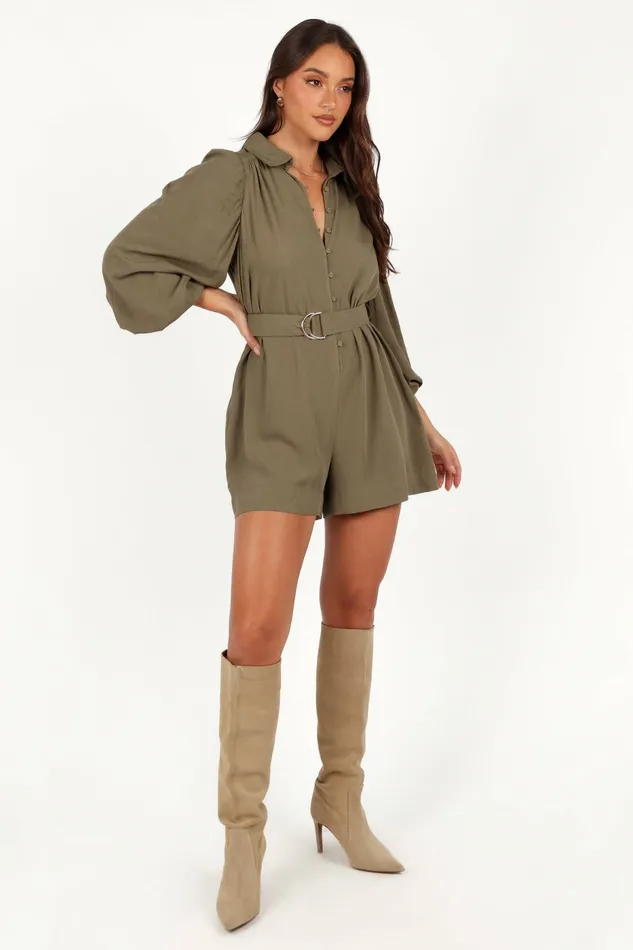 Women Jumpsuits and Rompers Petal and Pup Louise Belted Romper Khaki