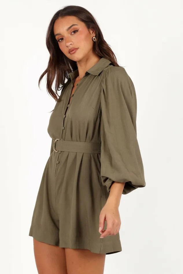 Women Jumpsuits and Rompers Petal and Pup Louise Belted Romper Khaki