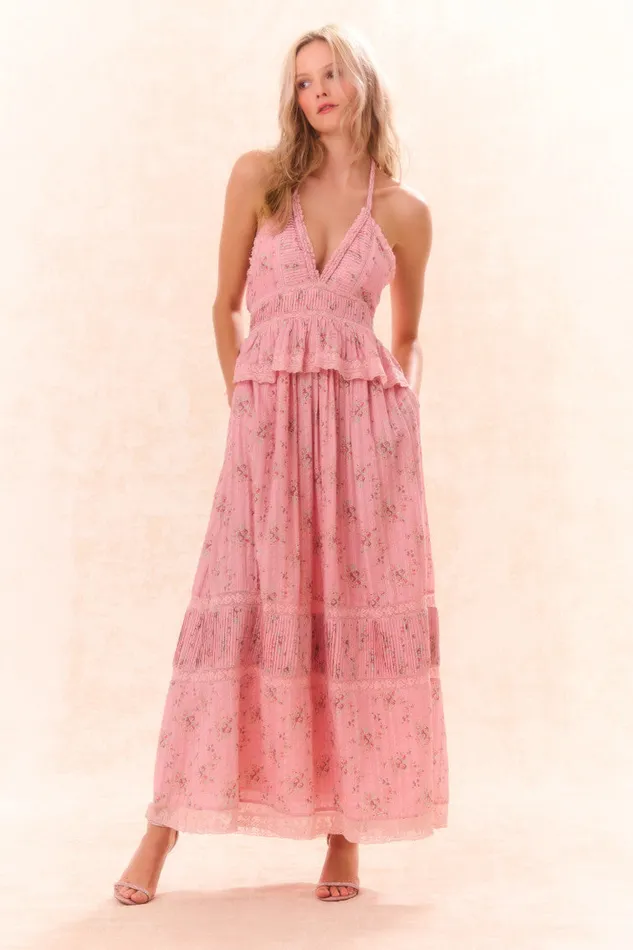 WomenKids LoveShackFancy Dresses Avice Halter Cotton Print Maxi Dress Pink Dusk